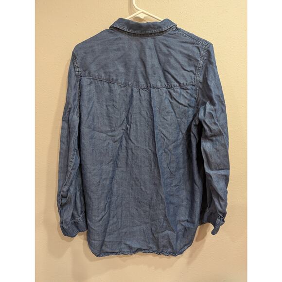 Chambray blouse w/metallic buttons, roll tab sleeves & floral embroidery Large - Picture 5 of 9